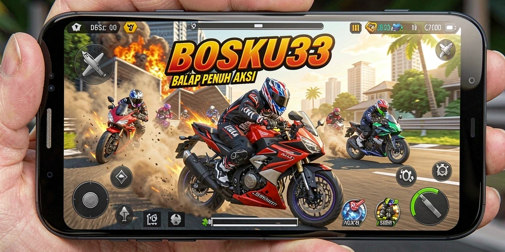 Screenshot gameplay dari BOSKU33 menunjukkan aksi balap motor yang menegangkan.
