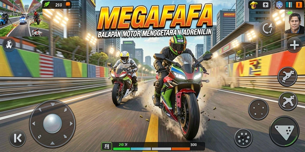Gameplay mendebarkan dari MEGAFAFA dengan balapan motor yang cepat.